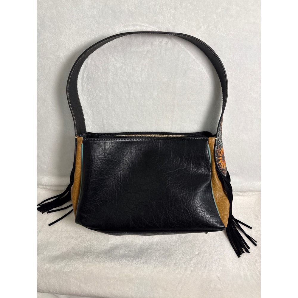 Nocona Western Concealed Carry Shoulder Bag Black Sunflower Tooled Fringe Boho